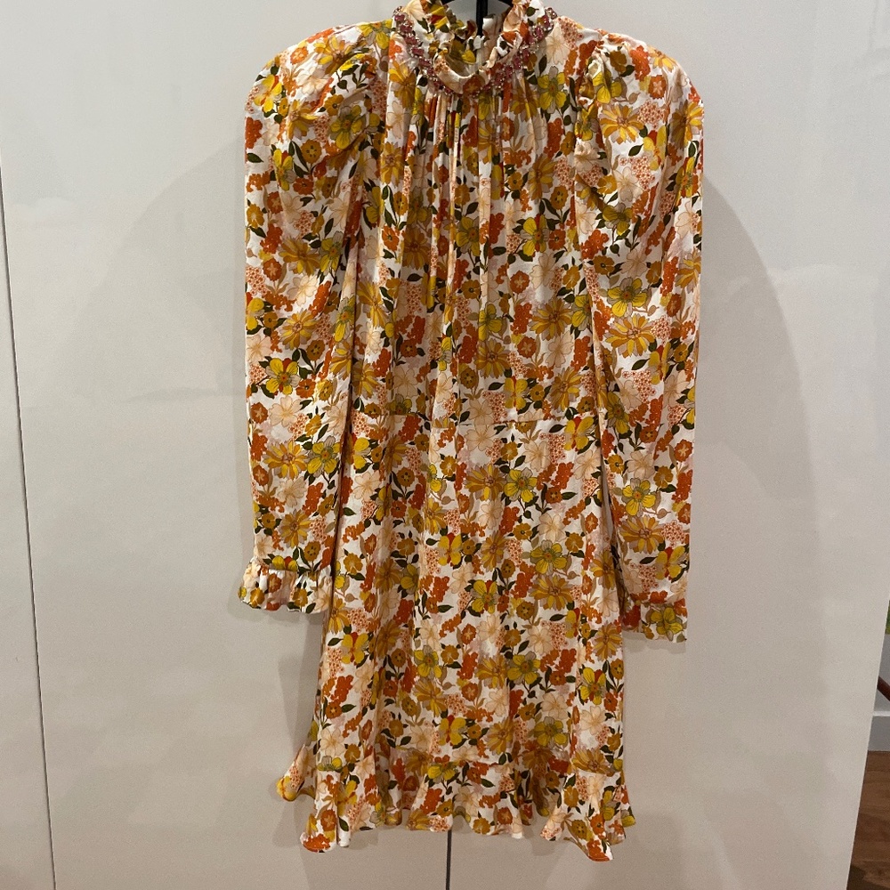 Sandro yellow and orange dress bejeweled by the neck